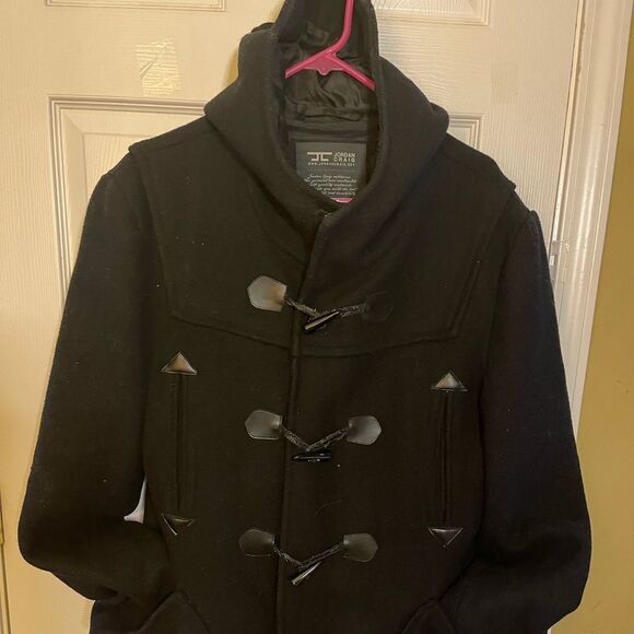 JORDAN CRAIG BLACK WOOL BLENDED BODY &POLYESTER LINING HOODED DUFFLE COAT SZL - Picture 1 of 12